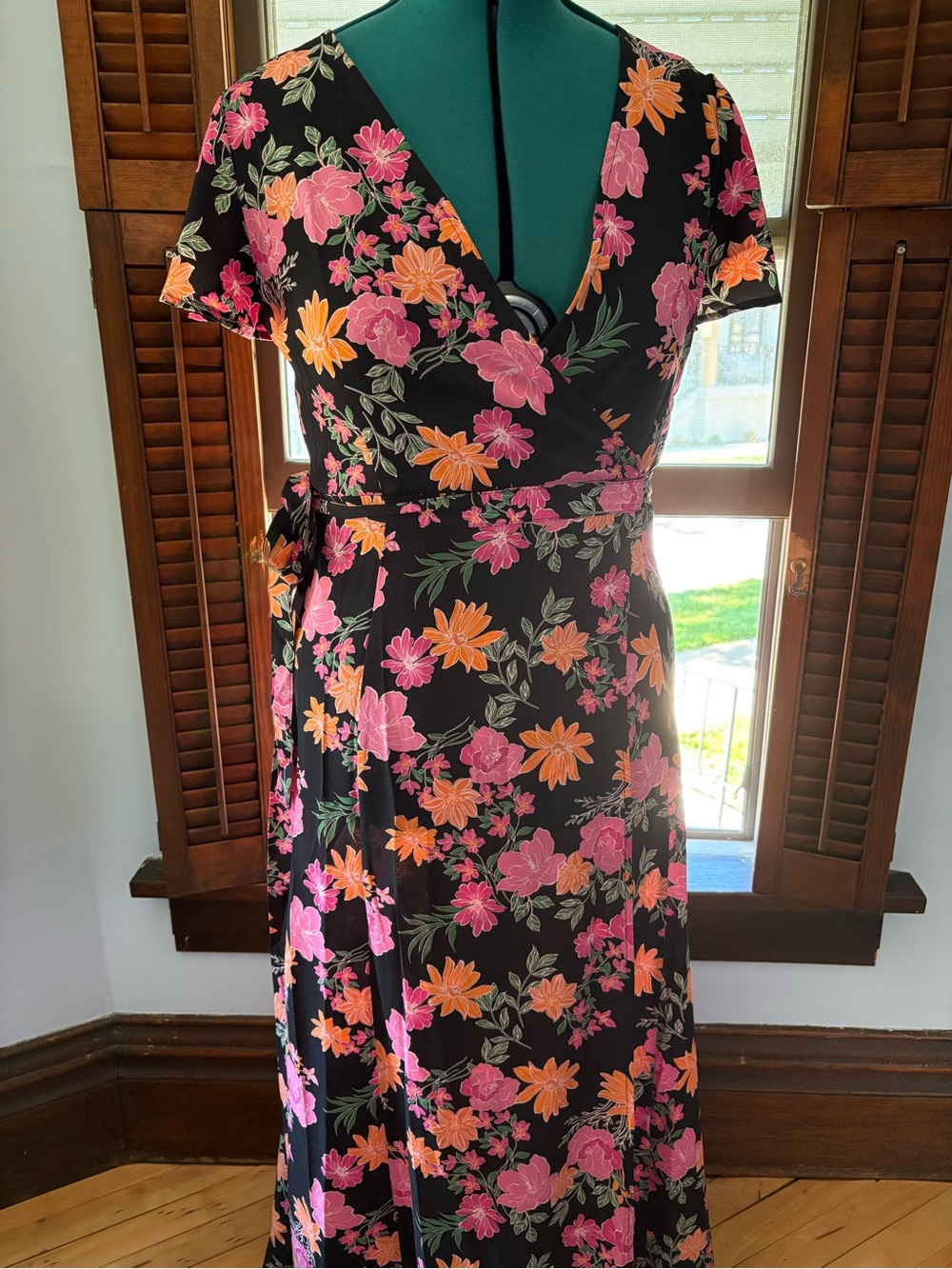 Adore Me Black Floral Wrap Maxi Dress with Pink & Orange Blooms